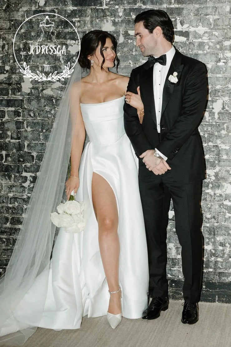 A-Line Strapless Satin Wedding Dress with Slit, WD25029