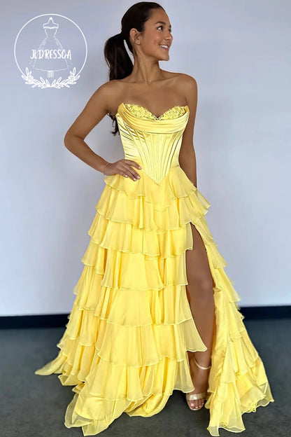 Strapless A-Line Ruffle Tiered Long Prom Dress with Slit, PD25839