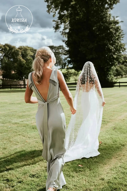 Sage Green Sheath V Neck Fashion Silk Satin Bridesmaid Dress with Bow, BD25029