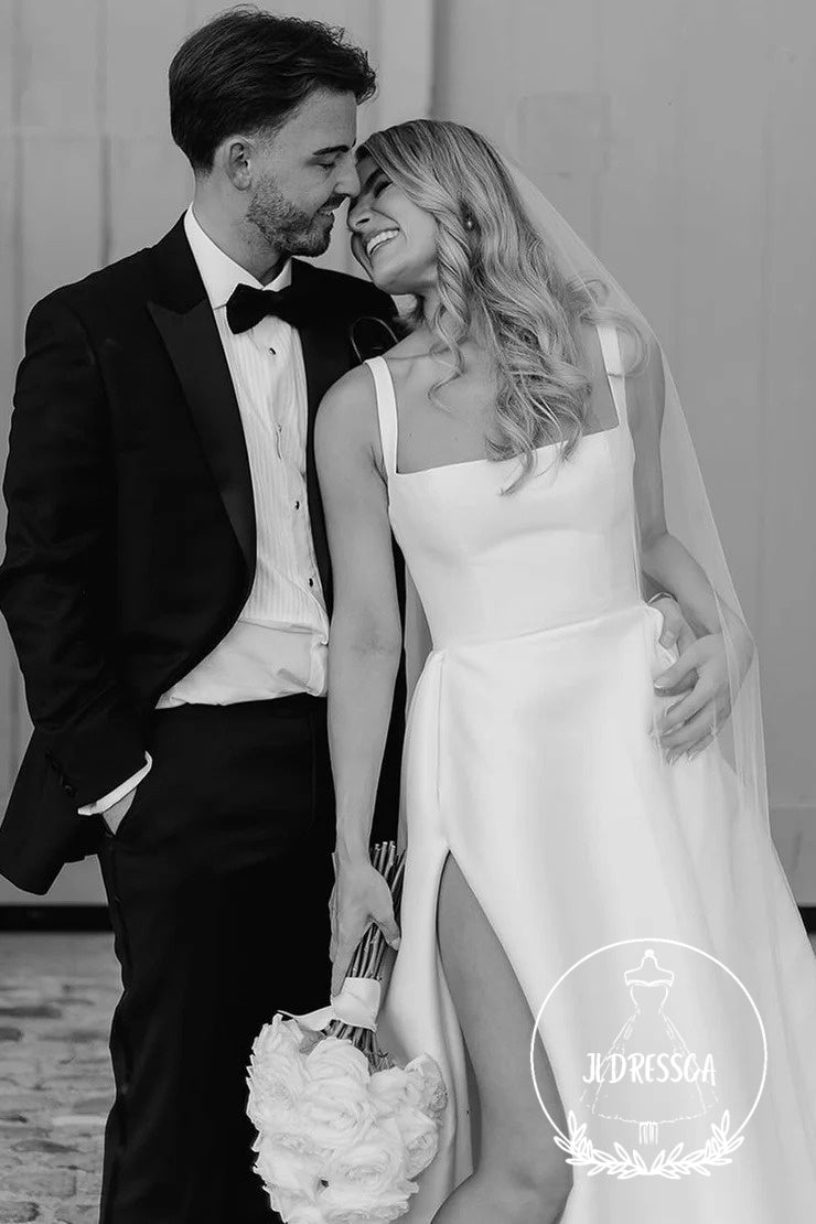 Fashionable Long A-Line Satin Wedding Dresses with Square Neck and Slit, WD25002