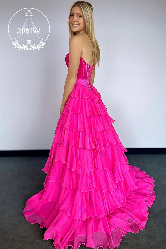 Strapless A-Line Ruffle Tiered Long Prom Dress with Slit, PD25839