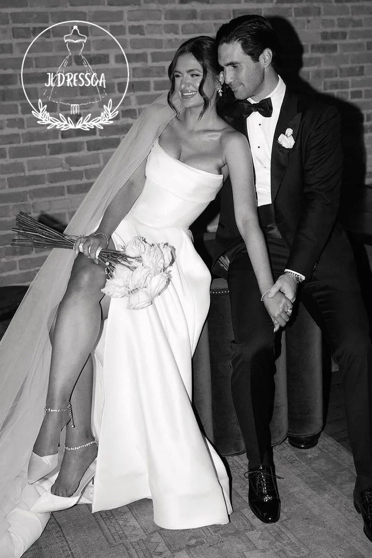 Charming Long White Strapless Satin A - Line Wedding Dresses with Slit, WD25019