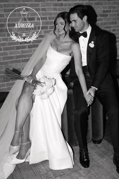 Charming Long White Strapless Satin A - Line Wedding Dresses with Slit, WD25019