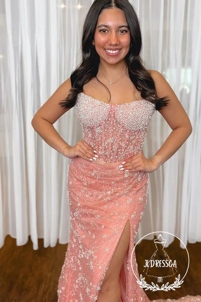 Mermaid Strapless Pink Pearls Long Prom Dresses with Slit, PD25899