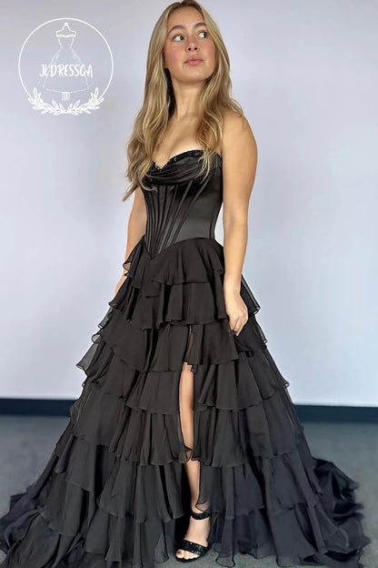 Strapless A-Line Ruffle Tiered Long Prom Dress with Slit, PD25839