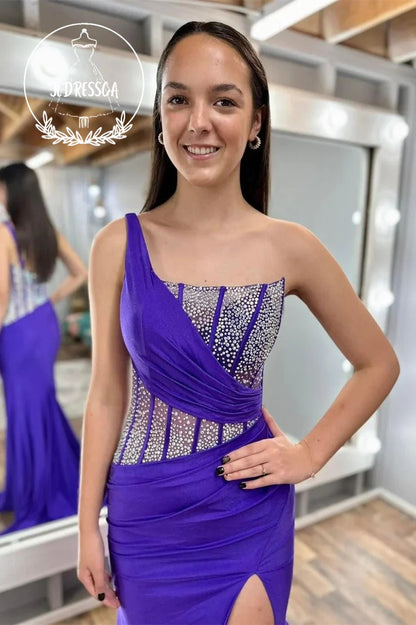 Purple One Shoulder Mermaid Prom Dress with Rhinestones, PD25859