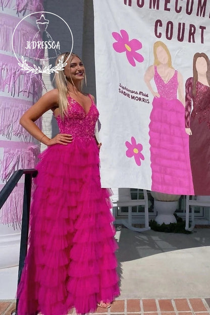 Fuchsia V Neck Tulle A - Line Long Prom Dress with Appliques, PD25929