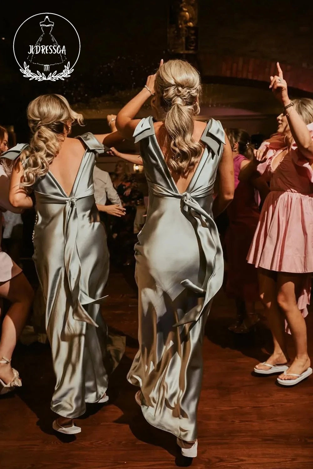 Sage Green Sheath V Neck Fashion Silk Satin Bridesmaid Dress with Bow, BD25029