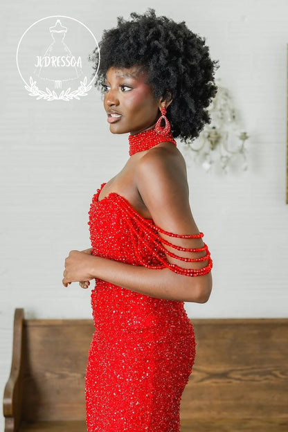 Mermaid Long Off the Shoulder Red Sequins Prom Dresses with Slit, PD25939