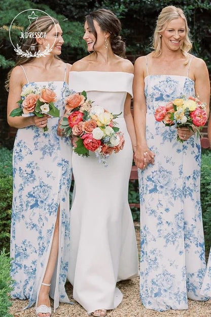 Printed Porcelain Sheath Simple Long Bridesmaid Dresses with Slit, BD25049