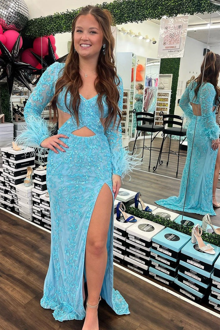 Blue V Neck Sequins Lace Mermaid Long Prom Dress with Feather, PD25197