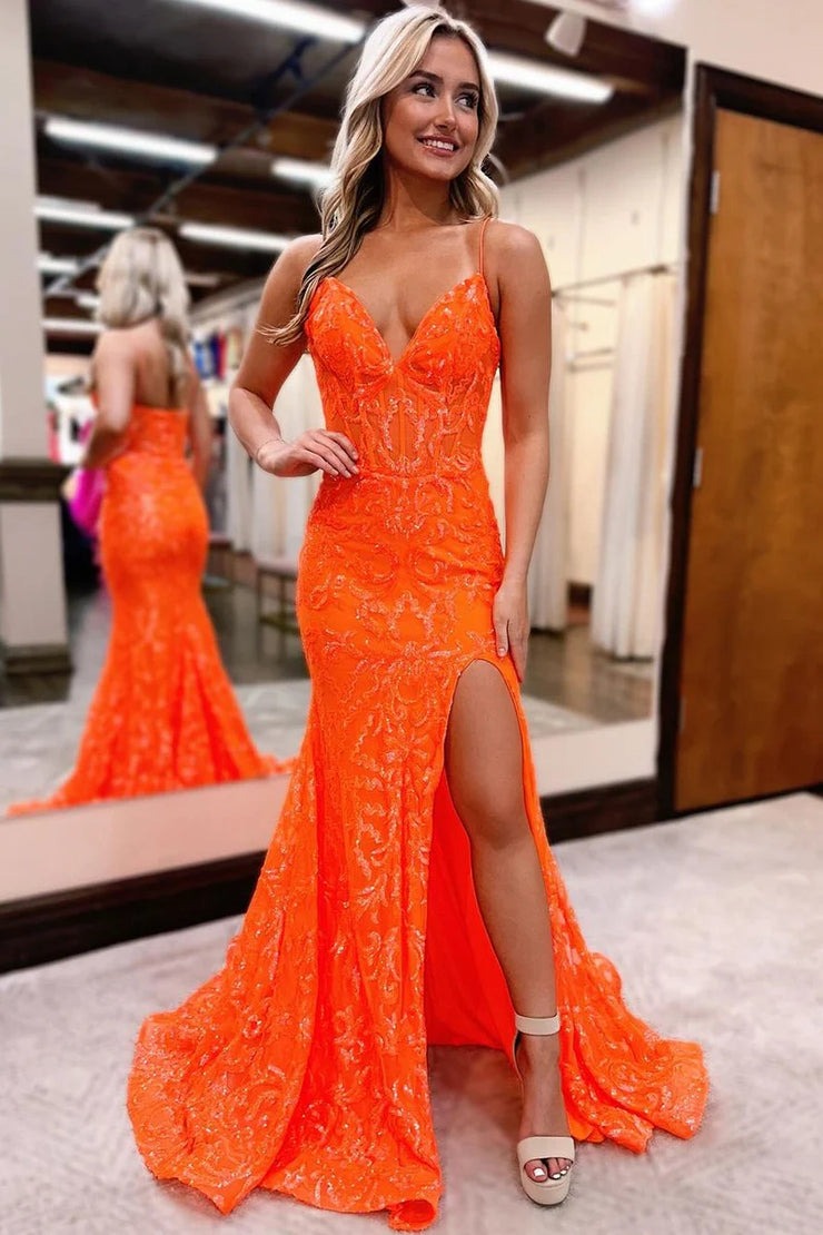 Spaghetti Straps Mermaid Orange Sequins Long Prom Dress with Slit, PD25160