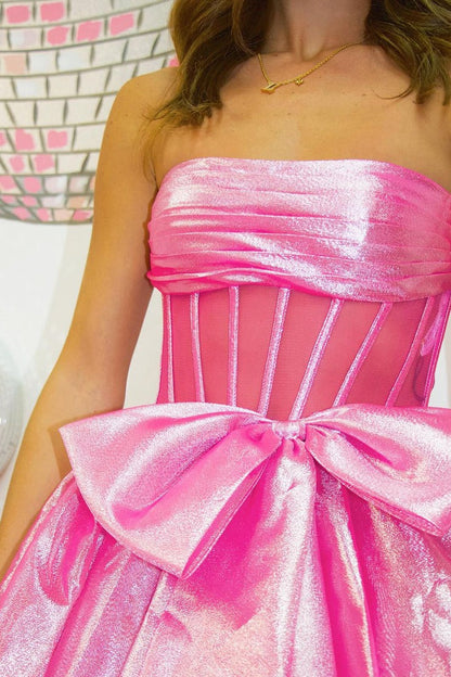 Pink Ball Gown Strapless Organza Ruffled Long Prom Dress with Bow, PD25244