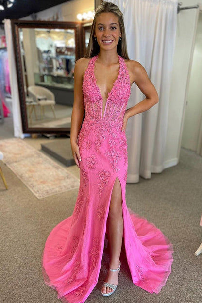 V Neck Mermaid Pink Lace Long Prom Dresses with Appliques, PD25010