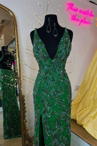 Dark Green V Neck Sequins Lace Mermaid Long Prom Dress with Slit, PD25215