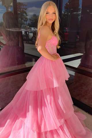 Cute Pink Tiered Tulle Long Prom Dress, PD2404221