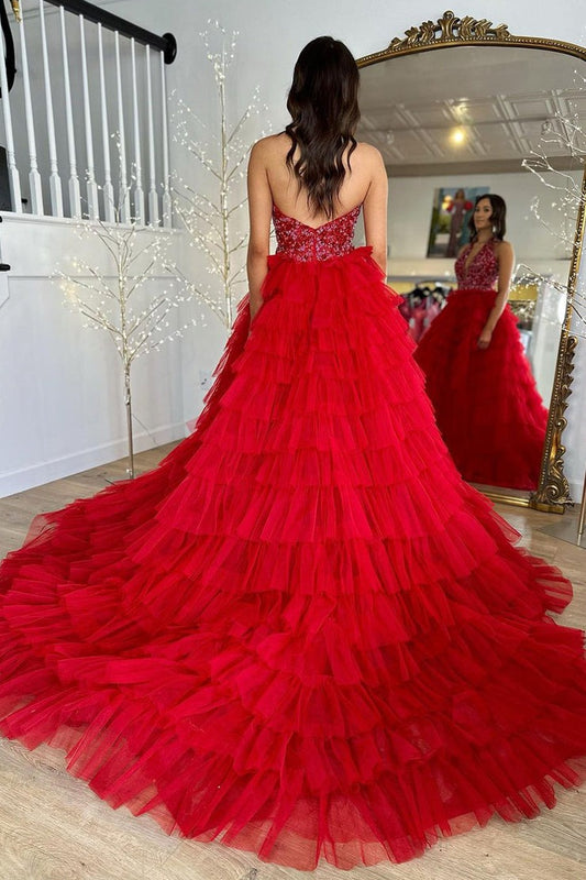 A-Line Princess Halter Ruffle Tiered Tulle Long Prom Dress with Slit, PD25205