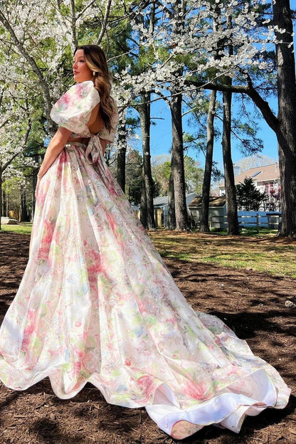 Two Piece Princess Floral Printed Long Prom Dresses with Slit, PD25194