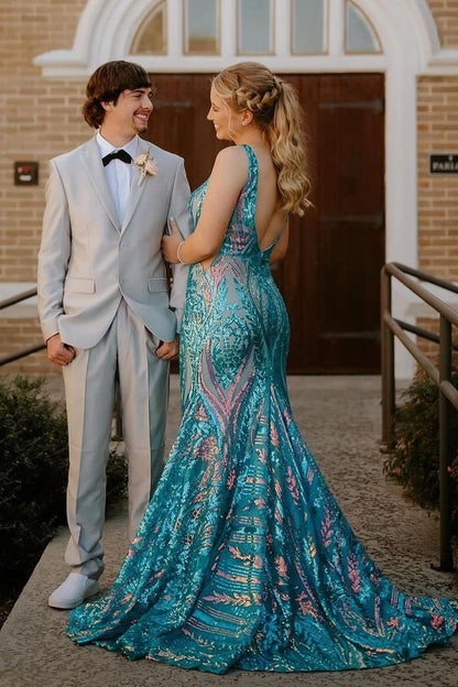 Blue Sequin Mermaid V Neck Long Prom Dress, PD25342