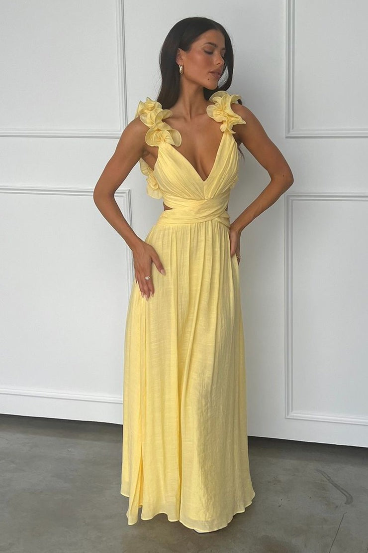 Elegant Satin Yellow V-Neck A-Line Long Prom Dress