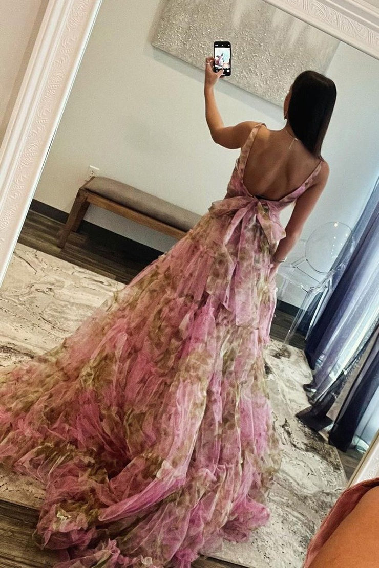 Pink Floral Printed Two Piece V Neck Long Prom Dress, PD25301