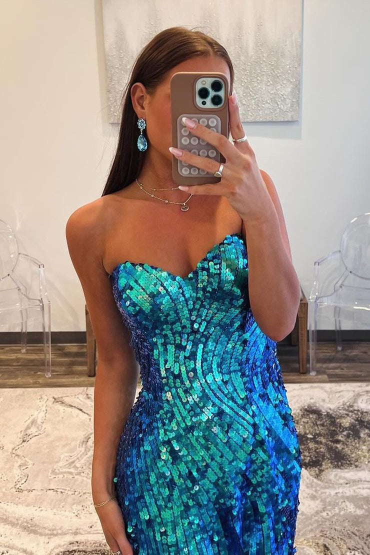 Strapless Mermaid Blue Sequins Long Prom Dress, PD25133