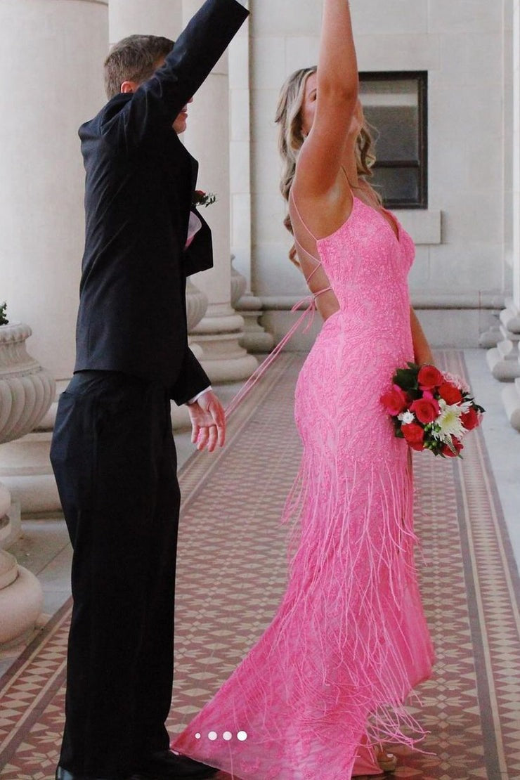 Pink Sequins V Neck Mermaid Long Prom Dresses with Fringes, PD25351