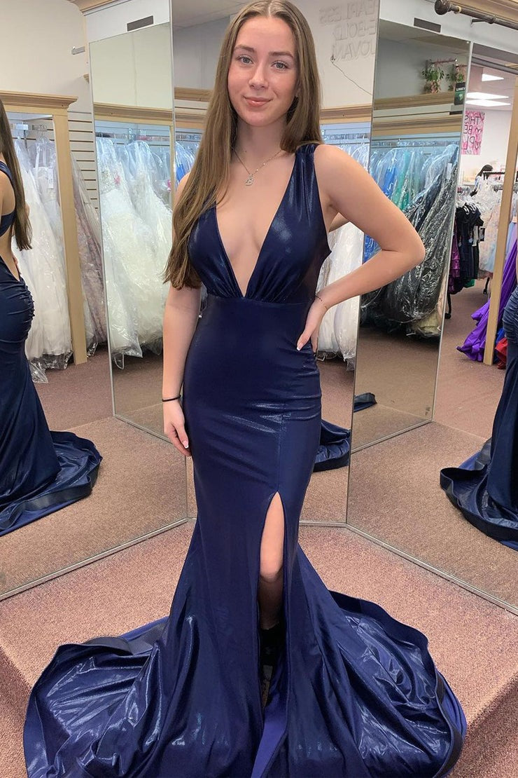 Navy Blue Satin Mermaid V Neck Long Prom Dress with Slit, PD25355