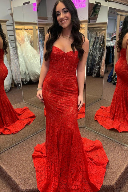Red Lace Mermaid Sweetheart Long Prom Dresses with Beading, PD25394