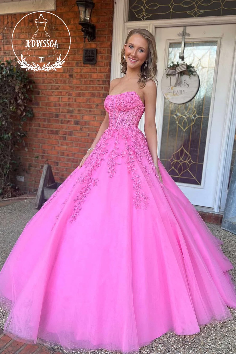 Pink Strapless A-Line Tulle Long Prom Dress with Appliques, PD25830