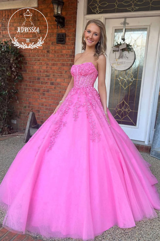Pink Strapless A-Line Tulle Long Prom Dress with Appliques, PD25830