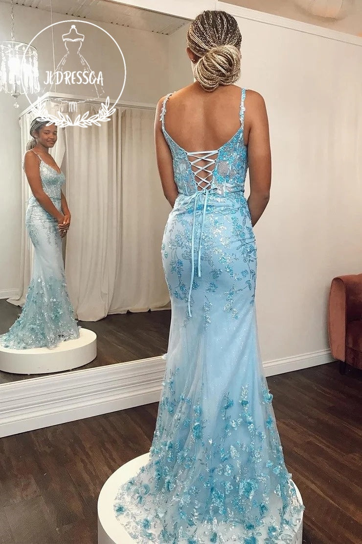 Blue V - Neck Sequin Lace Prom Dress with Attached Train, PD25930