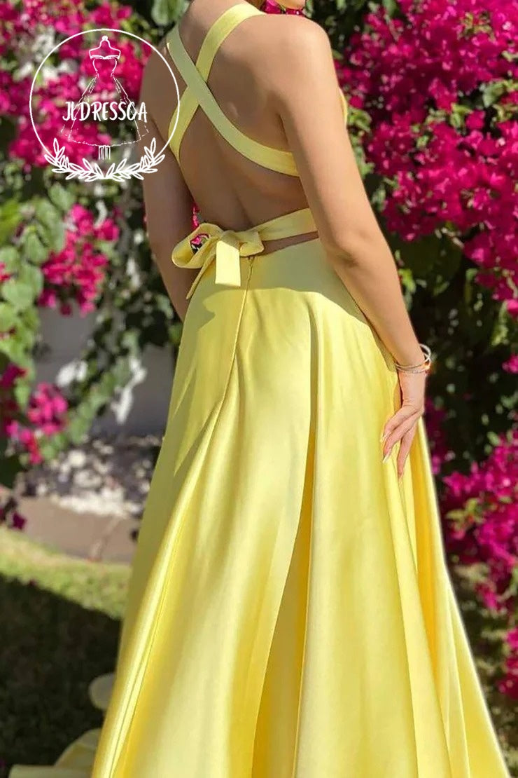 Yellow Stylish A Line Deep V Neck Long Prom Dress with Criss Cross Back, PD25920