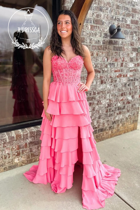 Cute Long A - Line Pink Tiered Ruffle Prom Dresses with Sweetheart Neckline and Slit, PD25940