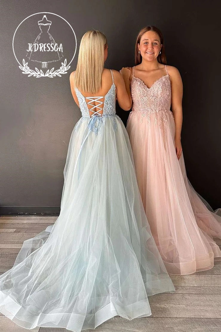 V Neck Tulle A-Line Prom Dress with Appliques, PD25860