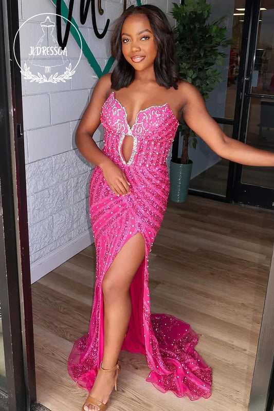 Mermaid Strapless Fuchsia Keyhole Sequins Long Prom Dresses with Slit, PD25890