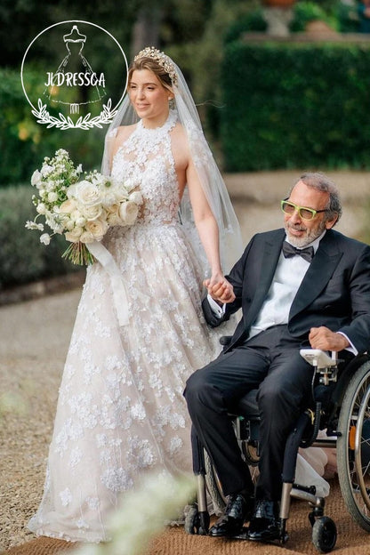 Romantic Long A-Line Tulle Wedding Dresses with Halter Neck and Appliques, WD25020