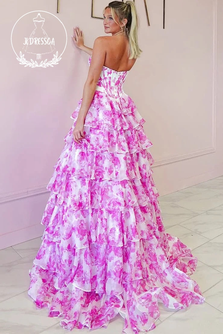 Pink Floral Printed Ruffle Tiered Long Prom Dresses with Slit, PD25870