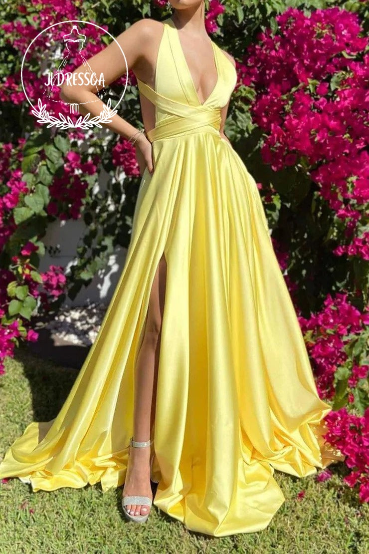 Yellow Stylish A Line Deep V Neck Long Prom Dress with Criss Cross Back, PD25920