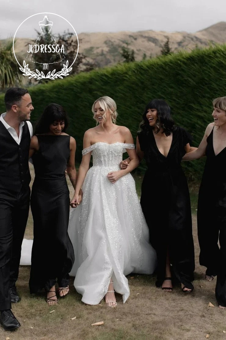 White A-Line Off-the-Shoulder Sequin Wedding Dresses, WD25040