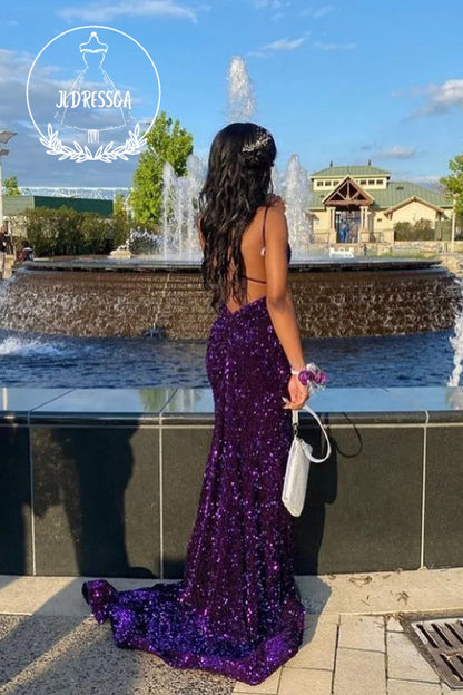 Purple Long Mermaid Prom Dresses with Sequin and V - Neck, PD25960