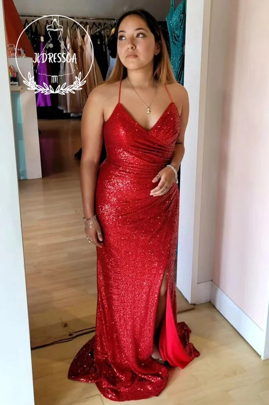 Red Surplice Sequin Lace-Up Mermaid Long Prom Dress with Slit, PD25880