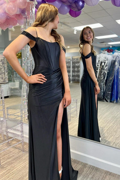 Black Satin Mermaid Cold Shoulder Long Prom Dress with Slit, PD25455