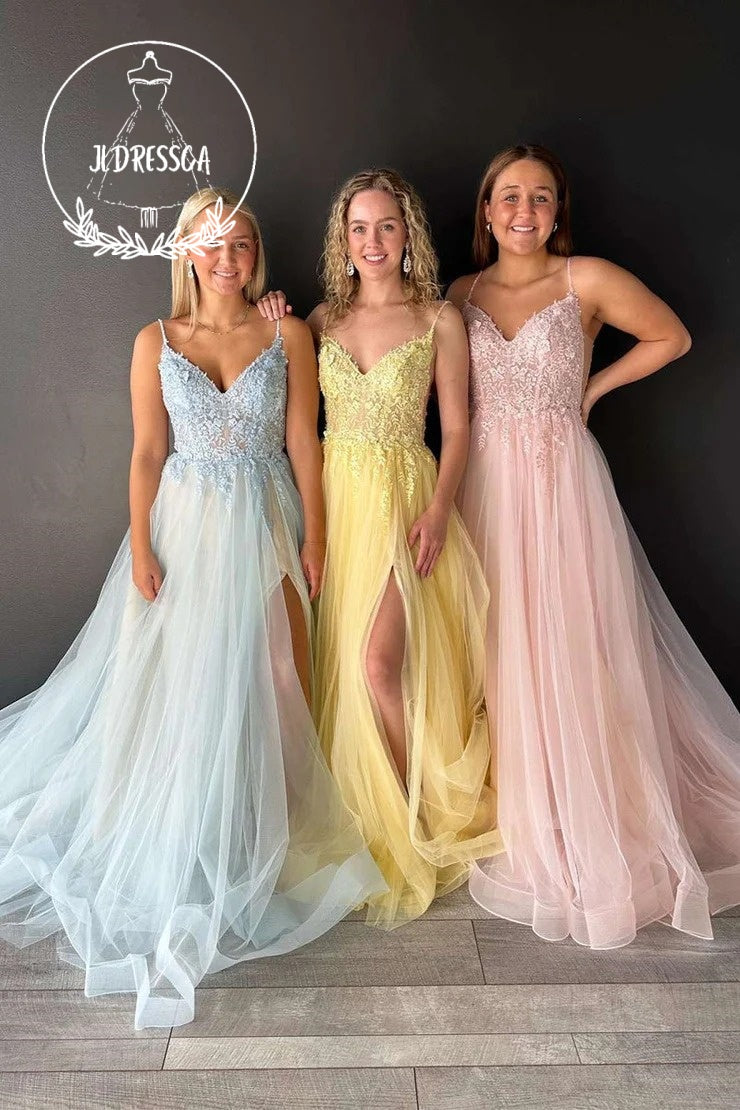 V Neck Tulle A-Line Prom Dress with Appliques, PD25860