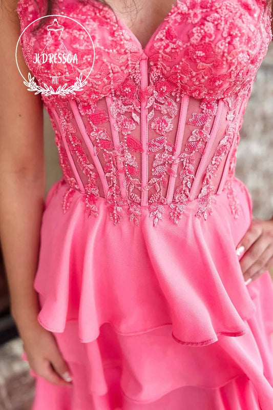 Cute Long A - Line Pink Tiered Ruffle Prom Dresses with Sweetheart Neckline and Slit, PD25940