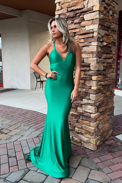 Dark Green V Neck Mermaid Stretch Satin Prom Dress, PD25774