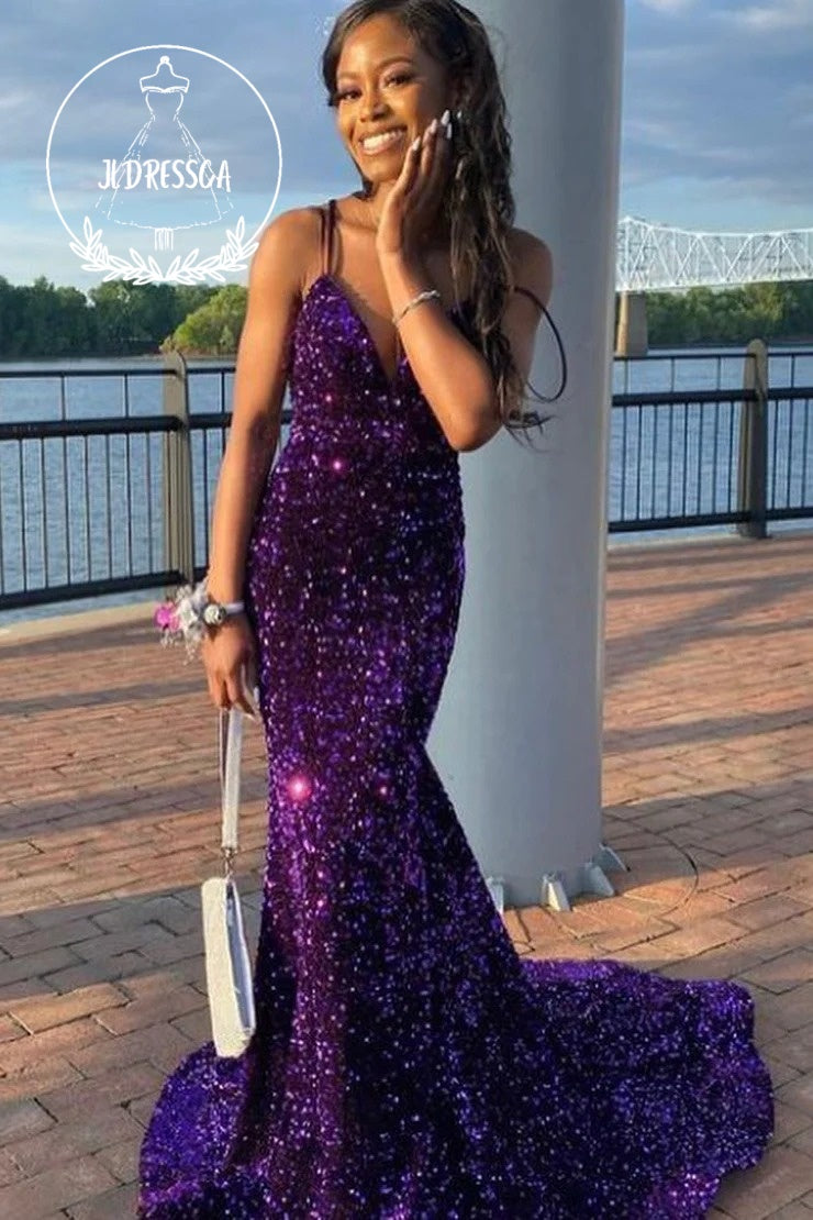 Purple Long Mermaid Prom Dresses with Sequin and V - Neck, PD25960