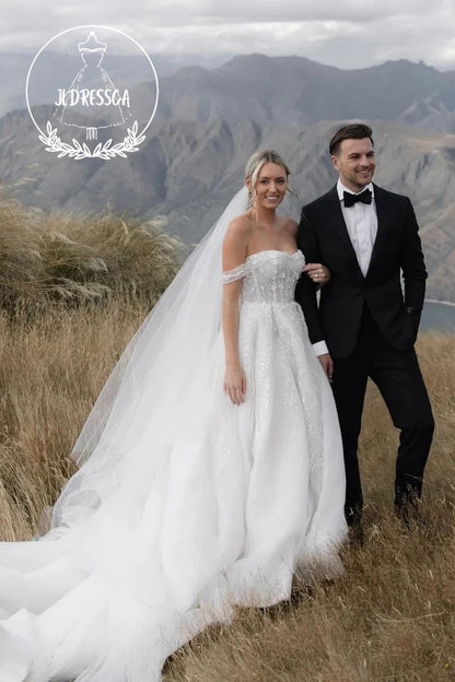 White A-Line Off-the-Shoulder Sequin Wedding Dresses, WD25040