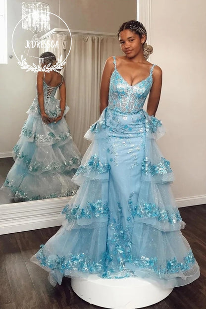Blue V - Neck Sequin Lace Prom Dress with Attached Train, PD25930