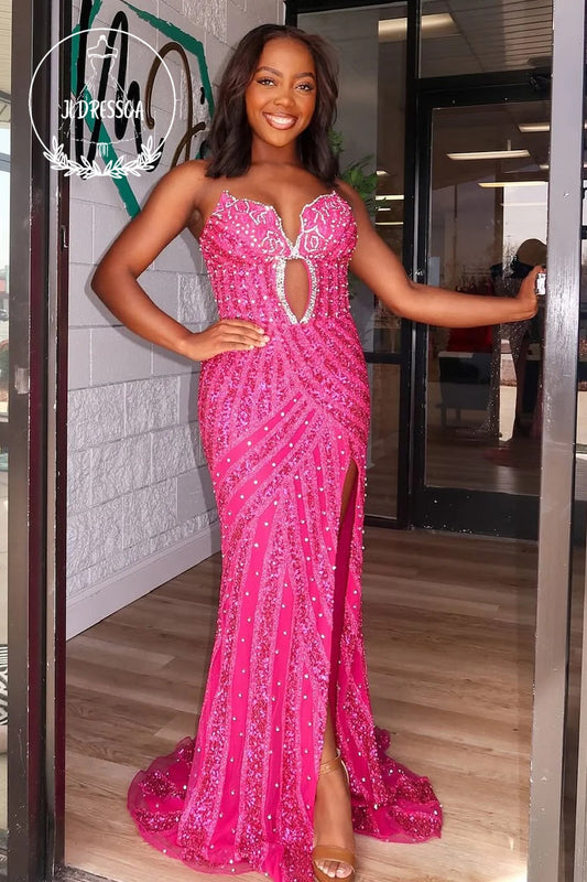 Mermaid Strapless Fuchsia Keyhole Sequins Long Prom Dresses with Slit, PD25890